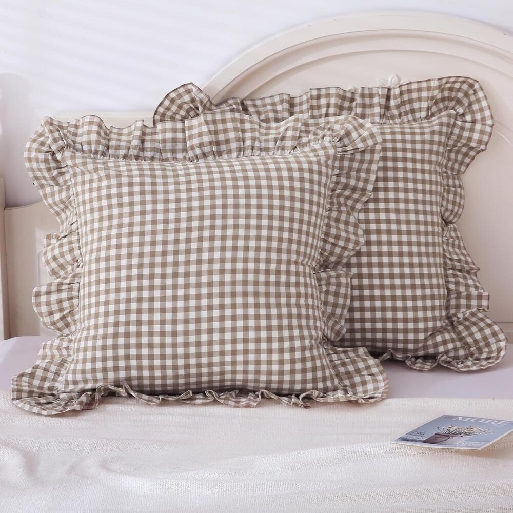 Taupe Plaid Ruffle Decorative Throw Pillow Covers for Couch 20"x20",2 Pack Vinta